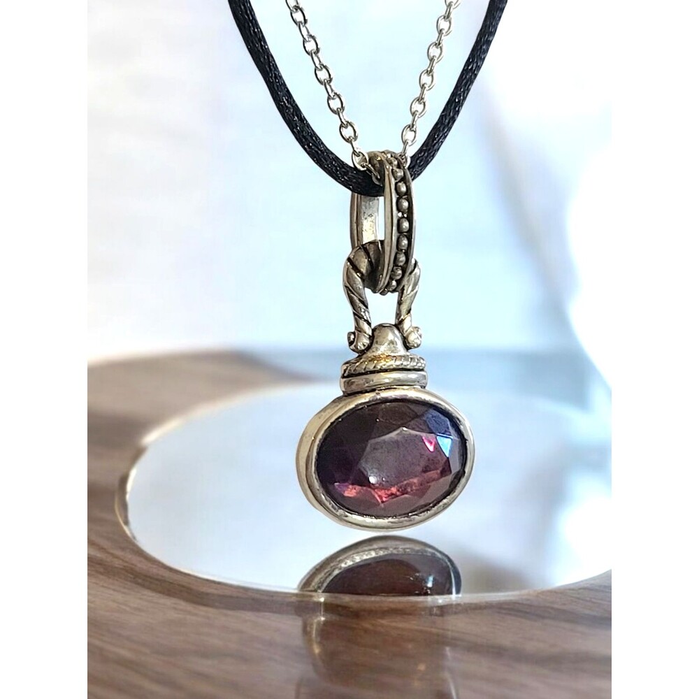 Vintage Amethyst Reversible Dual Tone Pendant Double Strand Necklace 18"